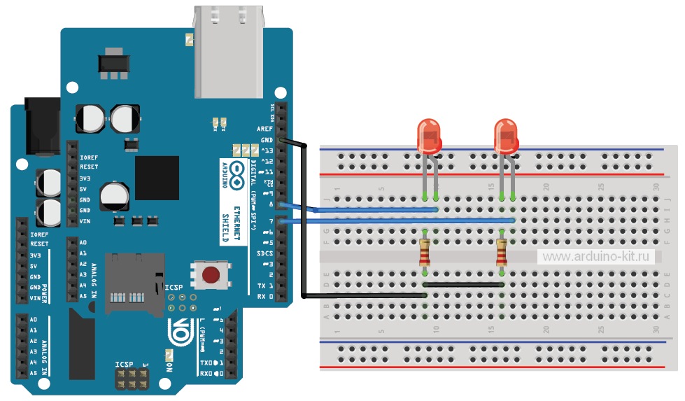 Схема подключения модуля Ethernet shield и светодиодов