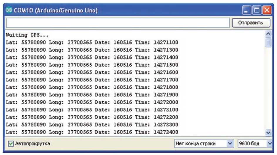 Вывод данных GPS в монитор последовательного порта Arduino